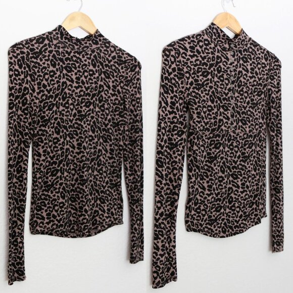 Free People Leopard Animal Print Soft Jersey Mock Neck Long Sleeve Top Button XS - Picture 5 of 15